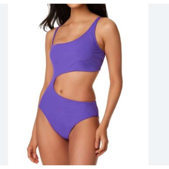 Bar III Hibiscus Purple Cut Out One Shoulder One Piece Swimsuit Small NWT $94 - Picture 2 of 3